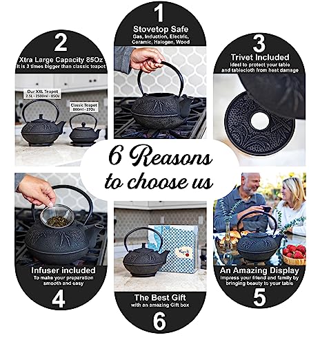 XXL Cast Iron Teapot Xtra Large Capacity 85Oz/2500ml with Trivet and Loose Leaf Tea Infuser, Large Cast Iron Teapot Kettle Stovetop Safe. Tetsubin Coated with Enamel Interior - Big Teapot Black