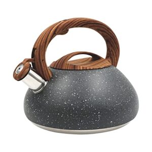 tiilan whistling tea kettle, tea pot for stovetop - stainless steel, wood grain handle, with spout - 2.7 quart/3 liter, gray