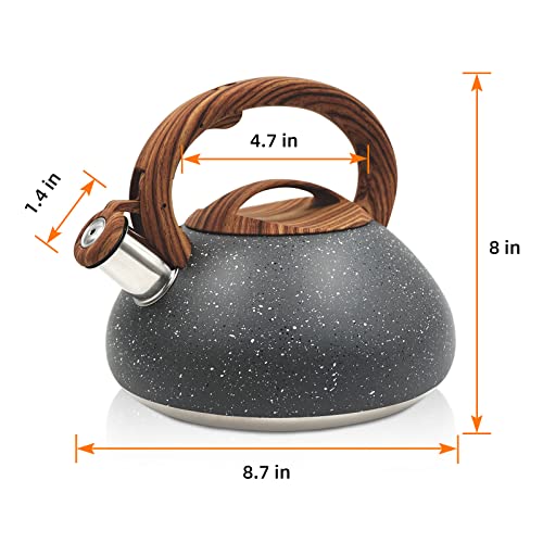 Tiilan Whistling Tea Kettle, Tea Pot for Stovetop - Stainless Steel, Wood Grain Handle, with Spout - 2.7 Quart/3 Liter, Gray