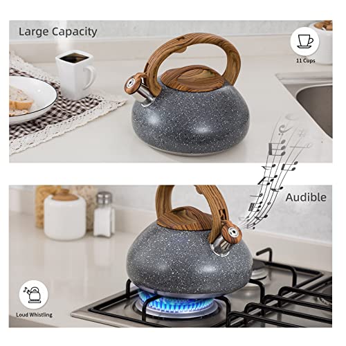 Tiilan Whistling Tea Kettle, Tea Pot for Stovetop - Stainless Steel, Wood Grain Handle, with Spout - 2.7 Quart/3 Liter, Gray