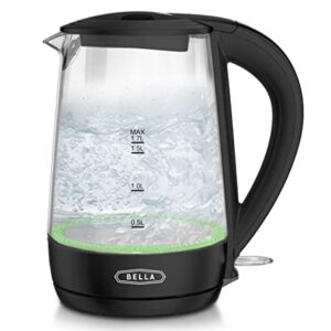 BELLA 1.7 Liter Glass Electric Kettle, Quickly Boil 7 Cups of Water in 6-7 Minutes, Soft Green LED Lights Illuminate While Boiling, Cordless Portable Water Heater, Carefree Auto Shut-Off, Black