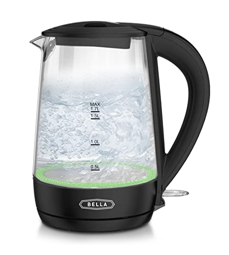 BELLA 1.7 Liter Glass Electric Kettle, Quickly Boil 7 Cups of Water in 6-7 Minutes, Soft Green LED Lights Illuminate While Boiling, Cordless Portable Water Heater, Carefree Auto Shut-Off, Black