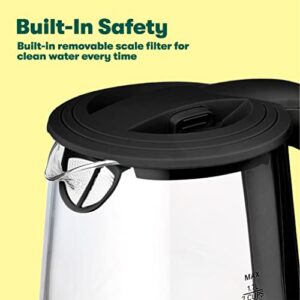 BELLA 1.7 Liter Glass Electric Kettle, Quickly Boil 7 Cups of Water in 6-7 Minutes, Soft Green LED Lights Illuminate While Boiling, Cordless Portable Water Heater, Carefree Auto Shut-Off, Black