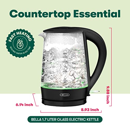 BELLA 1.7 Liter Glass Electric Kettle, Quickly Boil 7 Cups of Water in 6-7 Minutes, Soft Green LED Lights Illuminate While Boiling, Cordless Portable Water Heater, Carefree Auto Shut-Off, Black