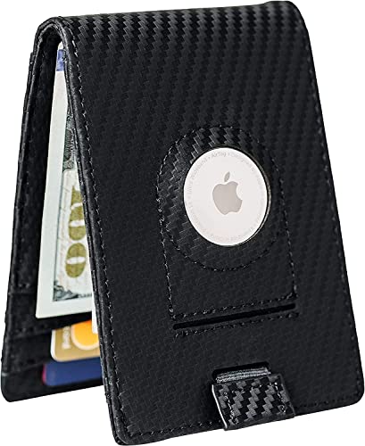 Hayvenhurst AirTag Wallet - Minimalist Slim Front Pocket Wallet - Genuine Leather Cash & Credit Card - Bifold Wallet for AirTag GPS Tracker (Black)