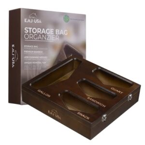 kmj-usa storage bag organizer for food baggies, compatible with ziploc, glad, hefty for snack, sandwich, quart and gallon - mount in cabinet, counter or wall, beautiful eco-friendly bamboo
