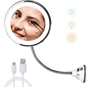 bileevo 10x magnifying vanity mirror, suction cup makeup mirror with flexible gooseneck, led light dimmable