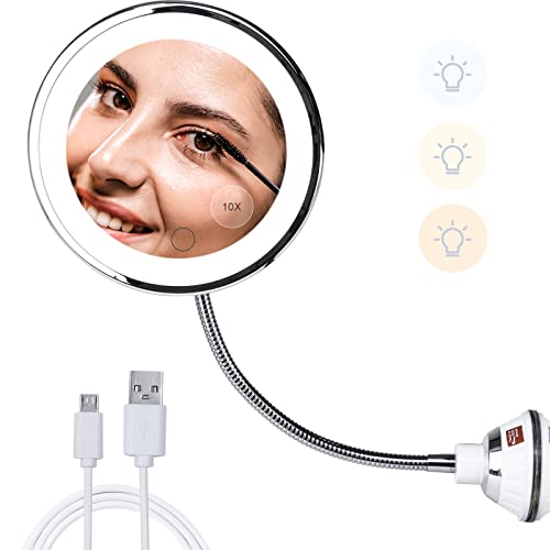 BILEEVO 10X Magnifying Vanity Mirror, Suction Cup Makeup Mirror with Flexible Gooseneck, LED Light Dimmable