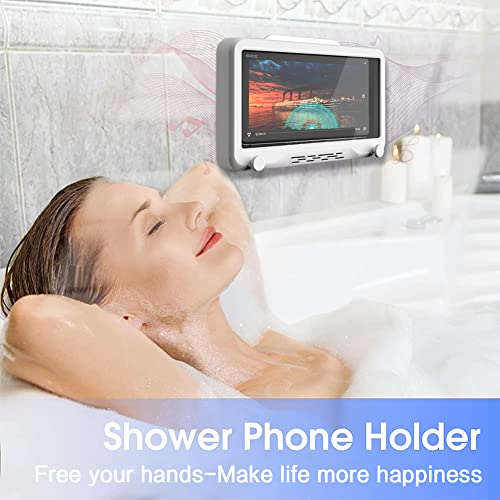 REALHOOK Shower Phone Holder Waterproof Anti-Fog Touch Screen Shower Accessories Wall Mount Phone Holder for Shower Bathroom Mirror Bathtub Kitchen for 4" - 7" Cell Phones 360 Rotating (White)