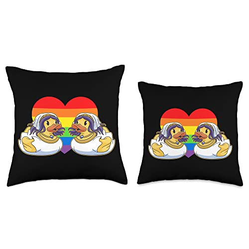 Gay Pride Gifts & Gay Pride T-Shirts by NLTS Two Rubber Duck Brides LGBT Lesbian Wedding Heart Throw Pillow, 16x16, Multicolor