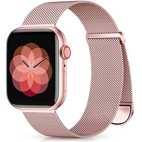 Zedoli Compatible with Apple Watch Band 38mm 40mm 41mm 42mm 44mm 45mm 49mm iWatch Bands SE Ultra Series 8 7 6 5 4 3 2 1 for Women Men, Stainless Steel Magnetic Mesh Loop Metal Strap, Rose Pink Gold