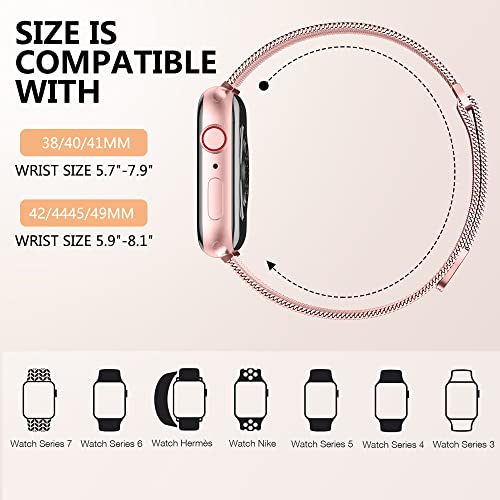 Zedoli Compatible with Apple Watch Band 38mm 40mm 41mm 42mm 44mm 45mm 49mm iWatch Bands SE Ultra Series 8 7 6 5 4 3 2 1 for Women Men, Stainless Steel Magnetic Mesh Loop Metal Strap, Rose Pink Gold