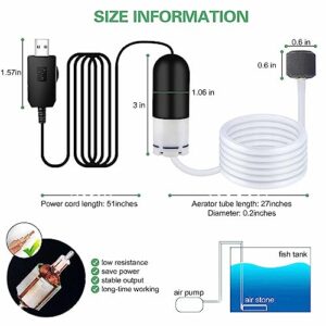 Mini Aquarium Air Pump,USB air Pump for 5 Gallon Aquarium Decorations Adjustable Fish Tank Aerator Includes Aquarium Oxygen Tube + Air Stones, Convenient Battery Aquarium air Pump