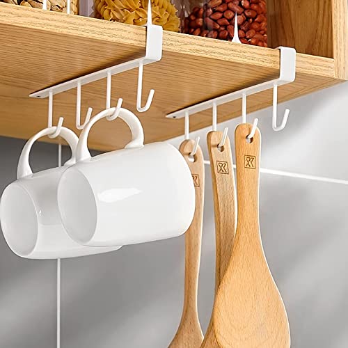 UgyDuky 2 Pack Multi-Function Under The Closet Hanging Organizer Insert Hanging Hanger Hook 12 Mugs Hooks Under Shelf Cupboard Shelf Wardrobe Coffee Cups Holder for Bar Kitchen Utensils (White)