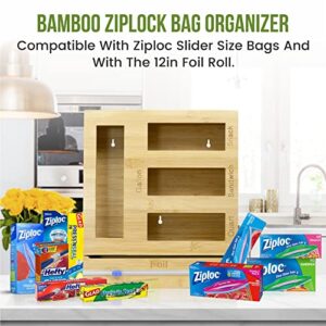 Space Max Bamboo Ziplock Bag Organizer for Drawer With Cutter - Perfectly Fits Ziplock Slider Bags and 12 inches Aluminum Foil Roll - Kitchen Organizer Ebook Included