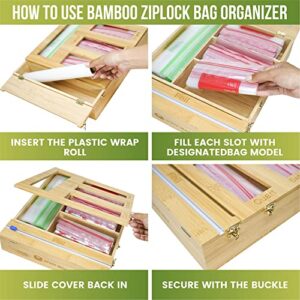 Space Max Bamboo Ziplock Bag Organizer for Drawer With Cutter - Perfectly Fits Ziplock Slider Bags and 12 inches Aluminum Foil Roll - Kitchen Organizer Ebook Included