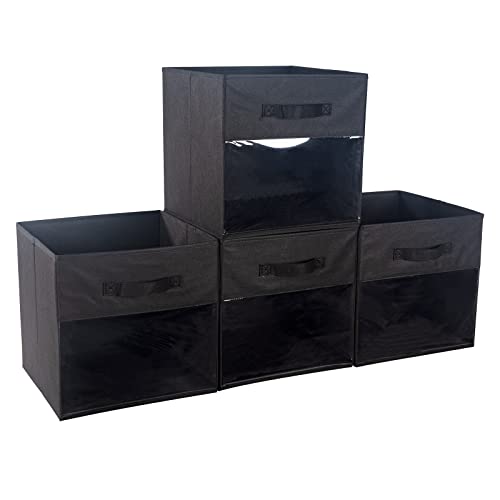 DOMEraax Cube Storage Bin 4 Pack with Clear Window Large Boxes Basket with Handles Fabric Closet Organizer 13" x 13" x 13" Black