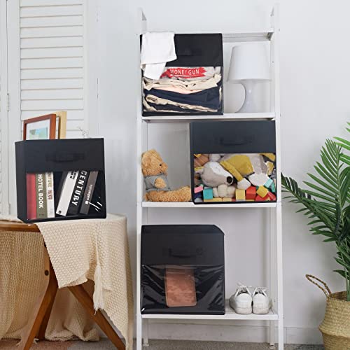 DOMEraax Cube Storage Bin 4 Pack with Clear Window Large Boxes Basket with Handles Fabric Closet Organizer 13" x 13" x 13" Black