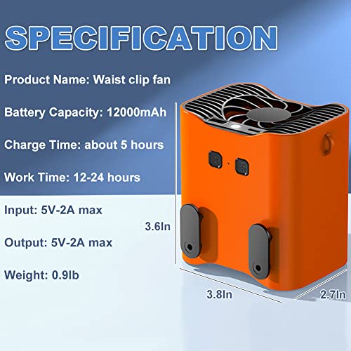 【10 Times Wind Power】Waist Clip Fan with Light, 12000mAH Rechargeable Portable Neck Fan Clip On Waist Fan with Strong Airflow/ 24 Hours Long Working Time, for Outdoor Working, Camping, Activities