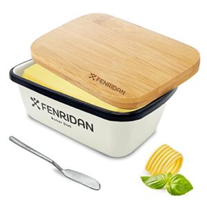 fenridan butter dish with lid, unbreakable metal butter container with a natural bamboo lid and knife,butter keeper holder,white