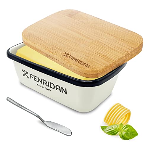 FENRIDAN Butter Dish with Lid, Unbreakable Metal Butter Container with a natural bamboo Lid and knife,Butter Keeper Holder,white