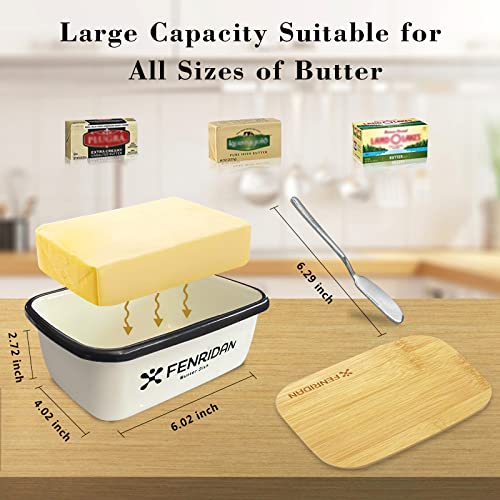 FENRIDAN Butter Dish with Lid, Unbreakable Metal Butter Container with a natural bamboo Lid and knife,Butter Keeper Holder,white