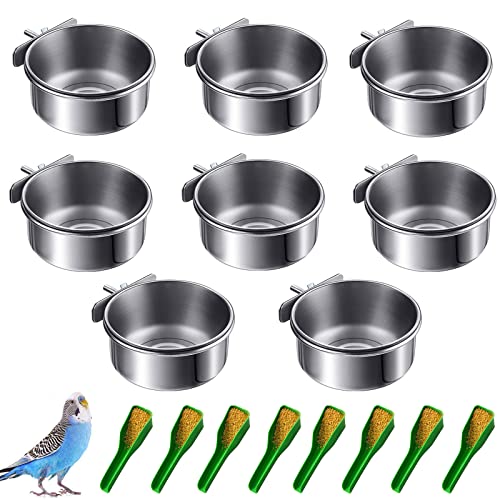 Lucky Interests 8 pcs Bird Feeding Dish Cups, Parrot Stainless Steel Food Bowl Bird Cage Water Feeder with Clamp Holder for Parrots Cockatiel Budgies Lovebird Parakeet Feeding Cups with 8 Bird Spoon