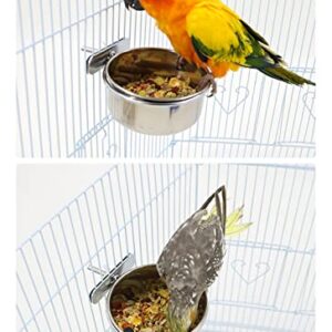 Lucky Interests 8 pcs Bird Feeding Dish Cups, Parrot Stainless Steel Food Bowl Bird Cage Water Feeder with Clamp Holder for Parrots Cockatiel Budgies Lovebird Parakeet Feeding Cups with 8 Bird Spoon