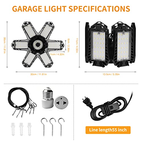 LED Garage Lights, 180W Linkable Shop Lights with Cord Plug in, 18000LM Super Bright Hanging Deformable Garage Ceiling Lighting 6500K Cold White with 6 +1 Adjustable Panel for Warehouse (180W 2PACK)