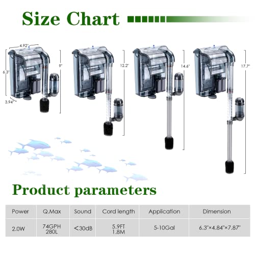 AQQA Aquariums Power Filter 74GPH,External Hang On Fish Tank Sponge Filter with Surface Skimmer,Adjustable Flowrate 3-Step Cascade Aquarium Filtration for Freshwater Saltwater 5-10 Gallon