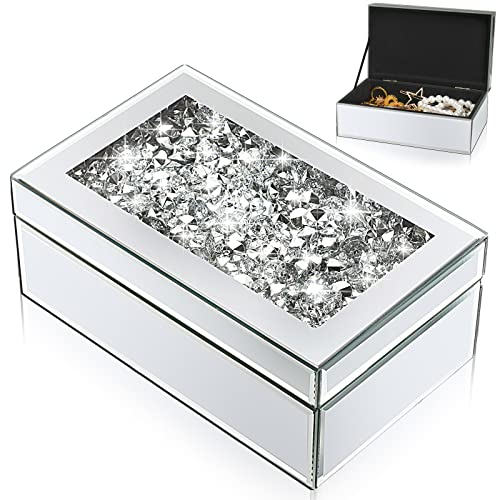 Kenning Luxury Silver Crushed Diamond Glass Mirrored Mirrored Jewelry Box Organizer Storage for Women Jewelry Ring Luxury Organizer Box