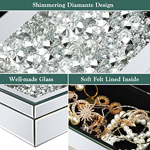 Kenning Luxury Silver Crushed Diamond Glass Mirrored Mirrored Jewelry Box Organizer Storage for Women Jewelry Ring Luxury Organizer Box