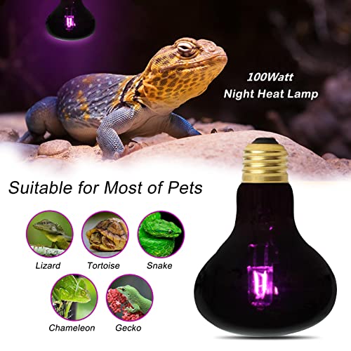 100W Night Heat Lamp Infrared Heating Light, Moonlight Bulb Reptile Heat Lamp UVA Basking Spot Light for Reptile and Amphibian - Lizard Tortoise Snake Chameleon Spider-4 Pack