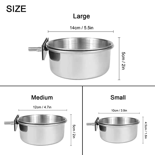 Lucky Interests 4 pcs Bird Feeding Dish Cups, Three Sizes Parrot Stainless Steel Food Bowl Bird Cage Water Feeder with Clamp Holder for Parrots Cockatiel Budgies Lovebird Parakeet with 4 Bird Spoon