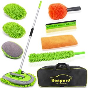 konpard 6 in 1 car wash brush kits with 46" aluminum alloy long handle, car wash mop, windshield cleaner, microfiber duster, window squeegee, tire wheel brush, cleaning cloth and storage bag