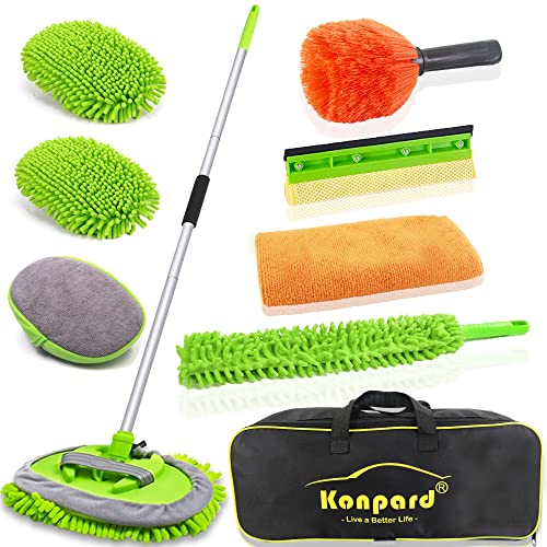 Konpard 6 in 1 Car Wash Brush Kits with 46" Aluminum Alloy Long Handle, Car Wash Mop, Windshield Cleaner, Microfiber Duster, Window Squeegee, Tire Wheel Brush, Cleaning Cloth and Storage Bag