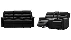 bshti 2pcs black faux leather motion recliner sofa couch for living room (2-seater+3-seater)