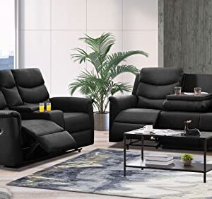 BSHTI 2pcs Black Faux Leather Motion Recliner Sofa Couch for Living Room (2-Seater+3-Seater)