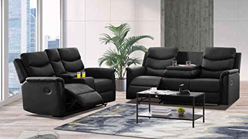 BSHTI 2pcs Black Faux Leather Motion Recliner Sofa Couch for Living Room (2-Seater+3-Seater)