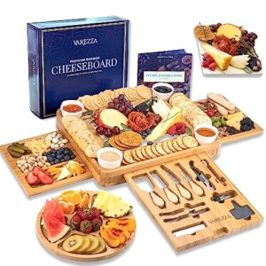 varezza bamboo cheese board and knife set. extra large charcuterie board set - serving board, side cheese tray, round marble fruit cheese platter, 23 entertaining accessories for house warming gifts