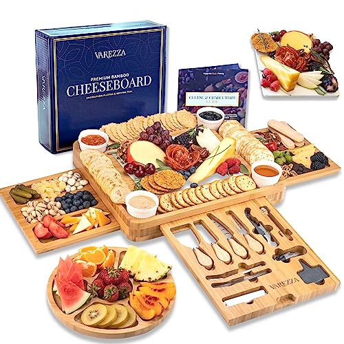 VAREZZA Bamboo Cheese Board and Knife Set. Extra Large Charcuterie Board Set - Serving Board, Side Cheese Tray, Round Marble Fruit Cheese Platter, 23 Entertaining Accessories for House Warming Gifts