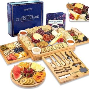 VAREZZA Bamboo Cheese Board and Knife Set. Extra Large Charcuterie Board Set - Serving Board, Side Cheese Tray, Round Marble Fruit Cheese Platter, 23 Entertaining Accessories for House Warming Gifts