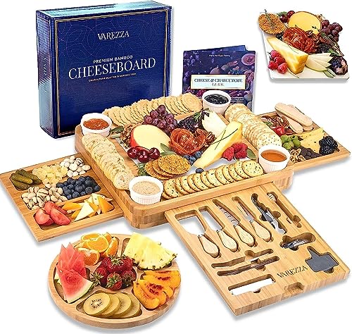 VAREZZA Bamboo Cheese Board and Knife Set. Extra Large Charcuterie Board Set - Serving Board, Side Cheese Tray, Round Marble Fruit Cheese Platter, 23 Entertaining Accessories for House Warming Gifts