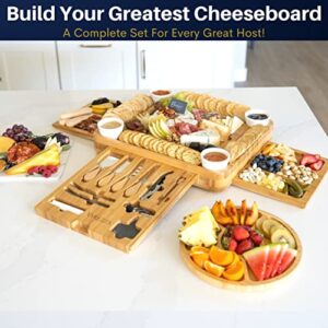 VAREZZA Bamboo Cheese Board and Knife Set. Extra Large Charcuterie Board Set - Serving Board, Side Cheese Tray, Round Marble Fruit Cheese Platter, 23 Entertaining Accessories for House Warming Gifts