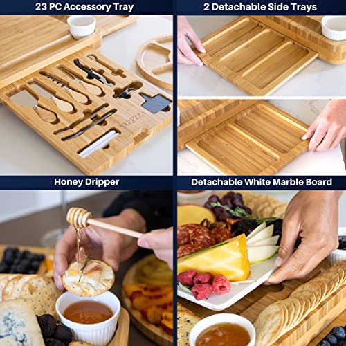 VAREZZA Bamboo Cheese Board and Knife Set. Extra Large Charcuterie Board Set - Serving Board, Side Cheese Tray, Round Marble Fruit Cheese Platter, 23 Entertaining Accessories for House Warming Gifts