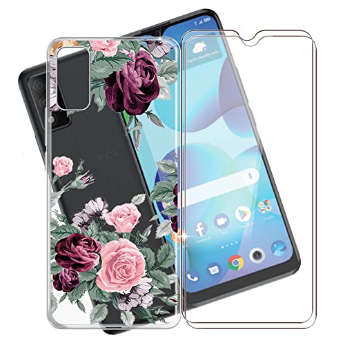 KJYF Phone Case for TCL 30 T/T603DL (6.52"), with [2 x Tempered Glass Protective Film], [Anti-Scratch] Clear Soft TPU Ultra-Thin Case for TCL 30 T/T603DL - Rose Flower