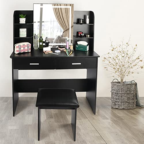 AKVOMBI Makeup Vanity with Lights, 55.9 Inches Makeup Desk with Drawers & 6 Storage Shelves, Padded Stool, Black