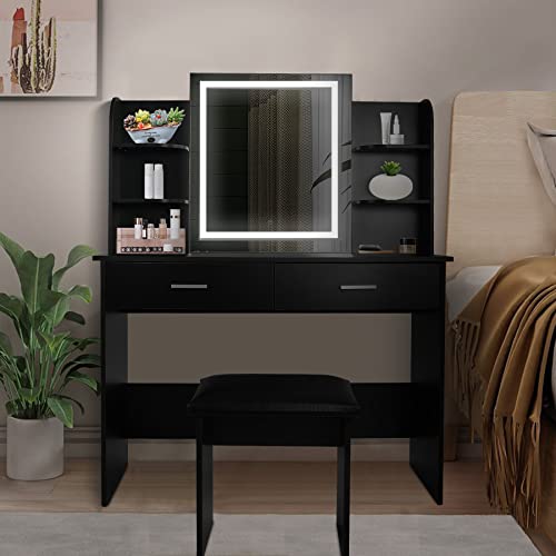 AKVOMBI Makeup Vanity with Lights, 55.9 Inches Makeup Desk with Drawers & 6 Storage Shelves, Padded Stool, Black