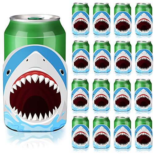 Jutom 16 Pieces Shark Party Favors Shark Can Covers Shark Birthday Party Supplies Shark Decorations Fit 330 ml Soft Can Cooler Sleeves Shark Pattern Slim Can Sleeves for Beach Party Supplies