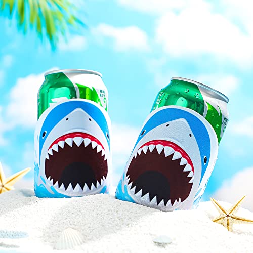 Jutom 16 Pieces Shark Party Favors Shark Can Covers Shark Birthday Party Supplies Shark Decorations Fit 330 ml Soft Can Cooler Sleeves Shark Pattern Slim Can Sleeves for Beach Party Supplies